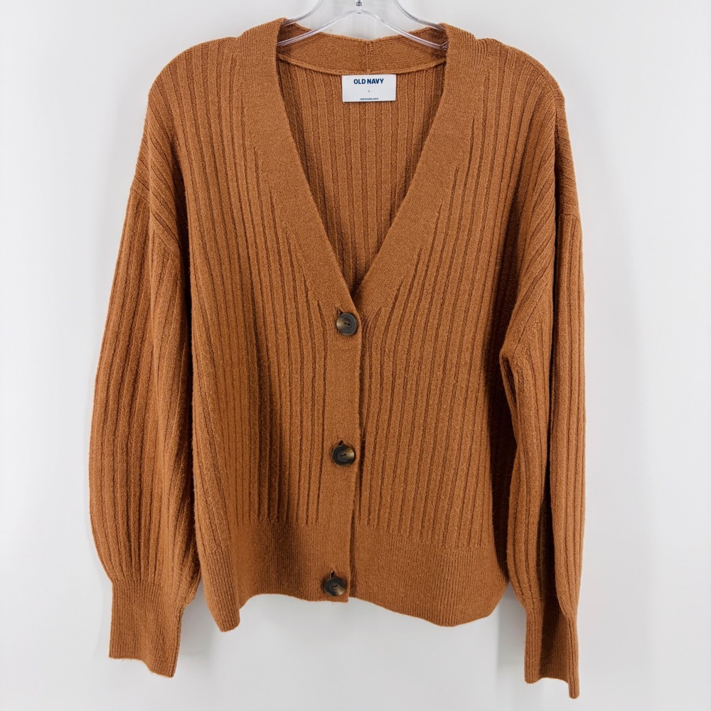 Old Navy Cardigan Womens Large Brown Ribbed Knit Button Front V-Neck  Sweater